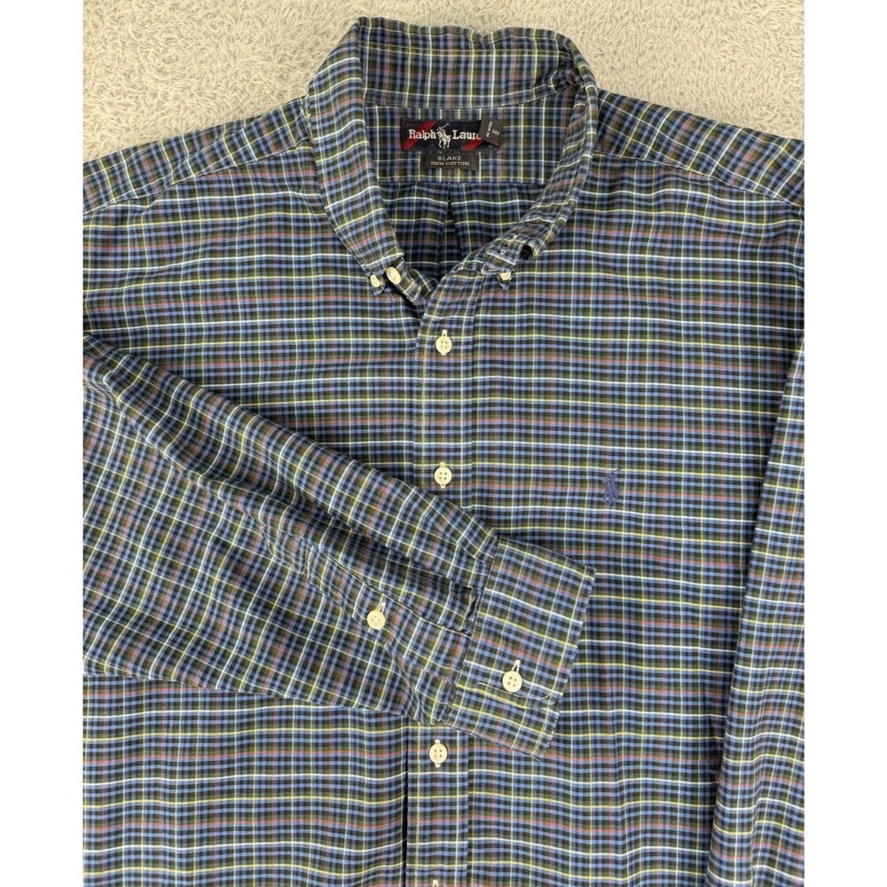 Ralph Lauren Blake Shirt Men XXL Blue Green Plaid 100% Cotton Button Down Pony